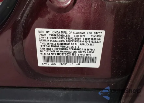 2007 Honda Pilot Ex-L z USA, uszkodzony, nr VIN 5FNYF18537B021184